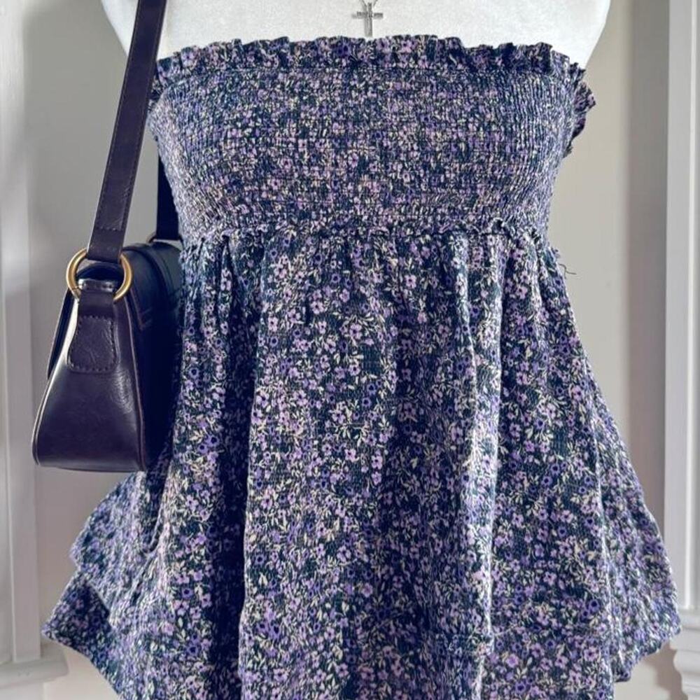 Olivaceous purple floral mini dress with ruffle trim
